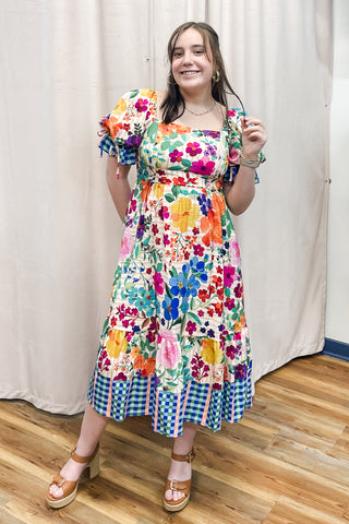 Oddi Carnival Bloom mixed print bold floral midi dress puff sleeves smocked back ID18857