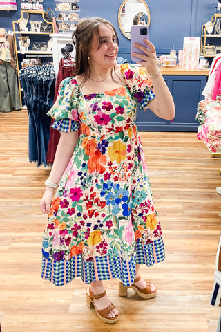 Oddi Carnival Bloom mixed print bold floral midi dress puff sleeves smocked back ID18857