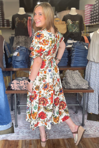 Oddi ivory floral print fall midi dress short sleeves smocked waist ID19226 back view