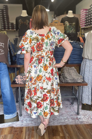 Oddi ivory floral print fall midi dress short sleeves smocked waist ID19226 back view