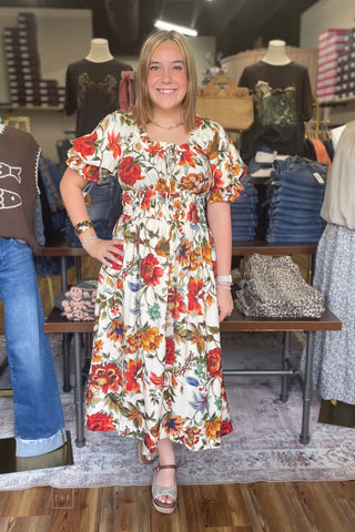 Oddi ivory floral print fall midi dress short sleeves smocked waist ID19226 front view