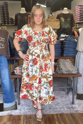 Oddi ivory floral print fall midi dress short sleeves smocked waist ID19226 front view