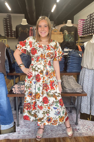 Oddi ivory floral print fall midi dress short sleeves smocked waist ID19226 front view