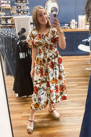 Oddi ivory floral print fall midi dress short sleeves smocked waist ID19226 mirror selfie