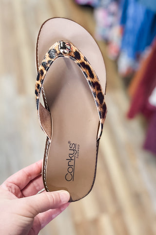 Corkys Footwear Off The Deep End Thong Flip Flop Sandals in Leopard with cushioned memory foam insole and gold button charm detail
