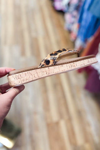 Corkys Footwear Off The Deep End Thong Flip Flop Sandals in Leopard with cushioned memory foam insole and gold button charm detail