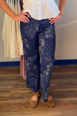 Poppy & Pine navy paisley bandana high rise jeans styled with a white peplum button-front top