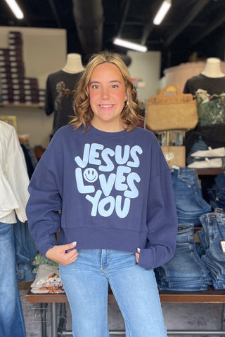 Poppy & Pine Faith based Jesus Loves You Navy Cropped Sweatshirt Puff Lettering front view