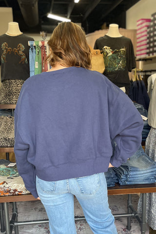 Poppy & Pine Faith based Jesus Loves You Navy Cropped Sweatshirt Puff Lettering back view