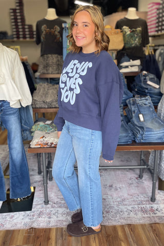 Poppy & Pine Faith based Jesus Loves You Navy Cropped Sweatshirt Puff Lettering side view