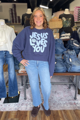 Poppy & Pine Faith based Jesus Loves You Navy Cropped Sweatshirt Puff Lettering front view full outfit