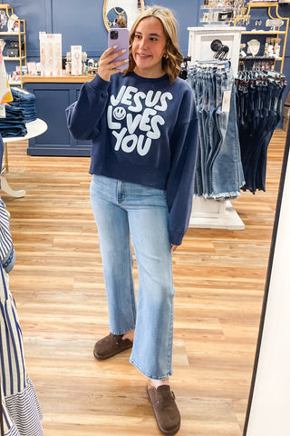 Poppy & Pine Faith based Jesus Loves You Navy Cropped Sweatshirt Puff Lettering mirror selfie
