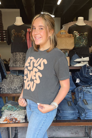 Poppy & Pine Faith Based Jesus Loves You Cropped Graphic Tee side view