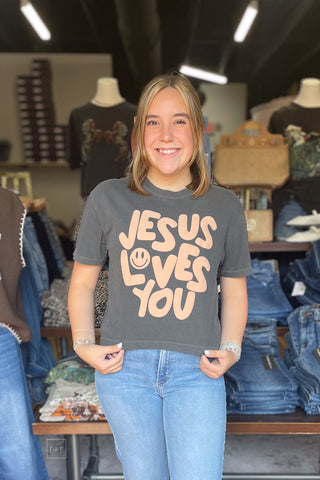 Poppy & Pine Faith Based Jesus Loves You Cropped Graphic Tee front view