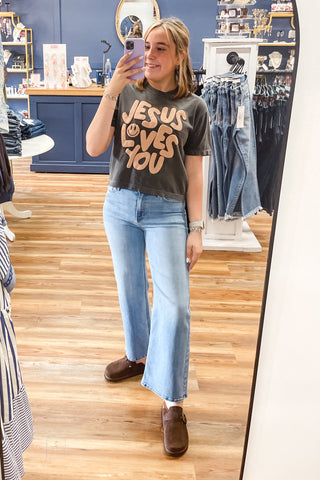 Poppy & Pine Faith Based Jesus Loves You Cropped Graphic Tee mirror selfie