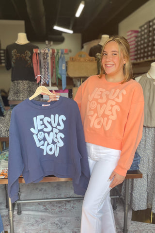 Poppy & Pine Faith based Jesus Loves You Cropped Sweatshirt Puff Lettering cover shot