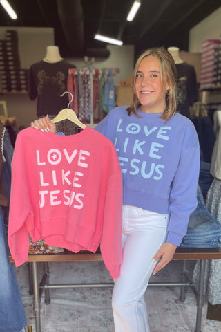Poppy & Pine Love Like Jesus Cropped Sweatshirt Periwinkle and Pink Covershot