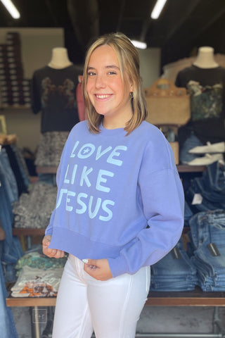 Poppy & Pine Love Like Jesus Cropped Sweatshirt Periwinkle side view