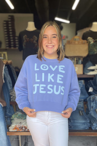 Poppy & Pine Love Like Jesus Cropped Sweatshirt Periwinkle front view