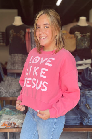 Poppy & Pine Love Like Jesus Cropped Sweatshirt Pink side view