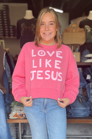 Poppy & Pine Love Like Jesus Cropped Sweatshirt Pink front view