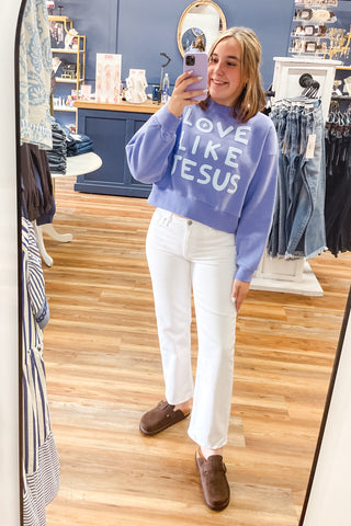 Poppy & Pine Love Like Jesus Cropped Sweatshirt Periwinkle mirror selfie