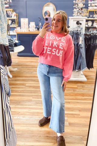 Poppy & Pine Love Like Jesus Cropped Sweatshirt Pink front view mirror selfie