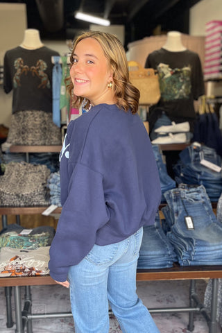 Poppy & Pink Pray Navy Cropped Sweatshirt Puff Lettering back view