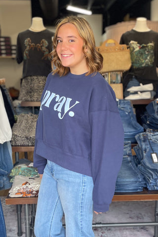 Poppy & Pink Pray Navy Cropped Sweatshirt Puff Lettering side view