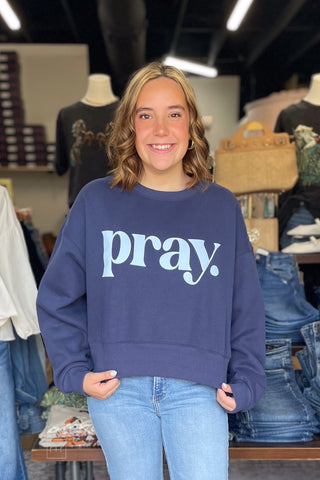 Poppy & Pink Faith based Pray Navy Cropped Sweatshirt Puff Lettering front view