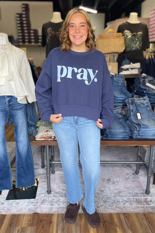 Poppy & Pink Pray Navy Cropped Sweatshirt Puff Lettering front view full outfit