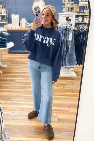 Poppy & Pink Pray Navy Cropped Sweatshirt Puff Lettering mirror selfie
