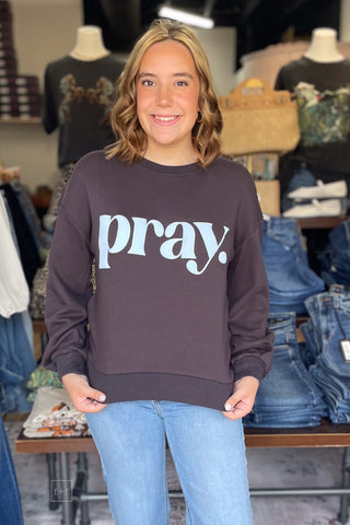 Poppy & Pine Charcoal Pray Sweatshirt Light Blue Puff Lettering front view