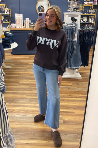 Poppy & Pine Charcoal Pray Sweatshirt Light Blue Puff Lettering mirror selfie