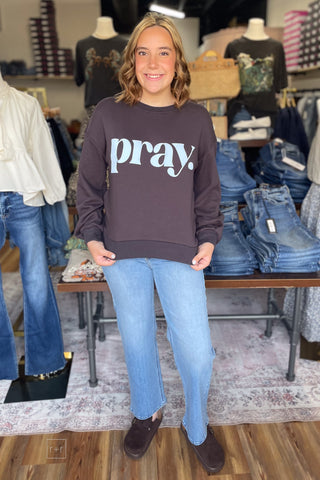 Poppy & Pine Charcoal Pray Sweatshirt Light Blue Puff Lettering front view full outfit