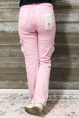 risen high rise straight leg cargo jeans acid wash pink RDP5642