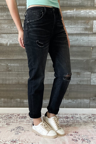 risen jeans distressed boyfriend denim roll up hem black RDP5041