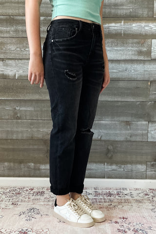 risen jeans distressed boyfriend denim roll up hem black RDP5041