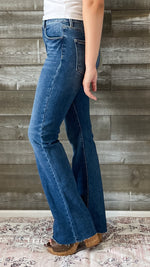 risen high rise flare jeans raw cut hem dark wash RDP5501CH