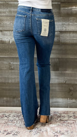 risen high rise flare jeans raw cut hem dark wash RDP5501CH