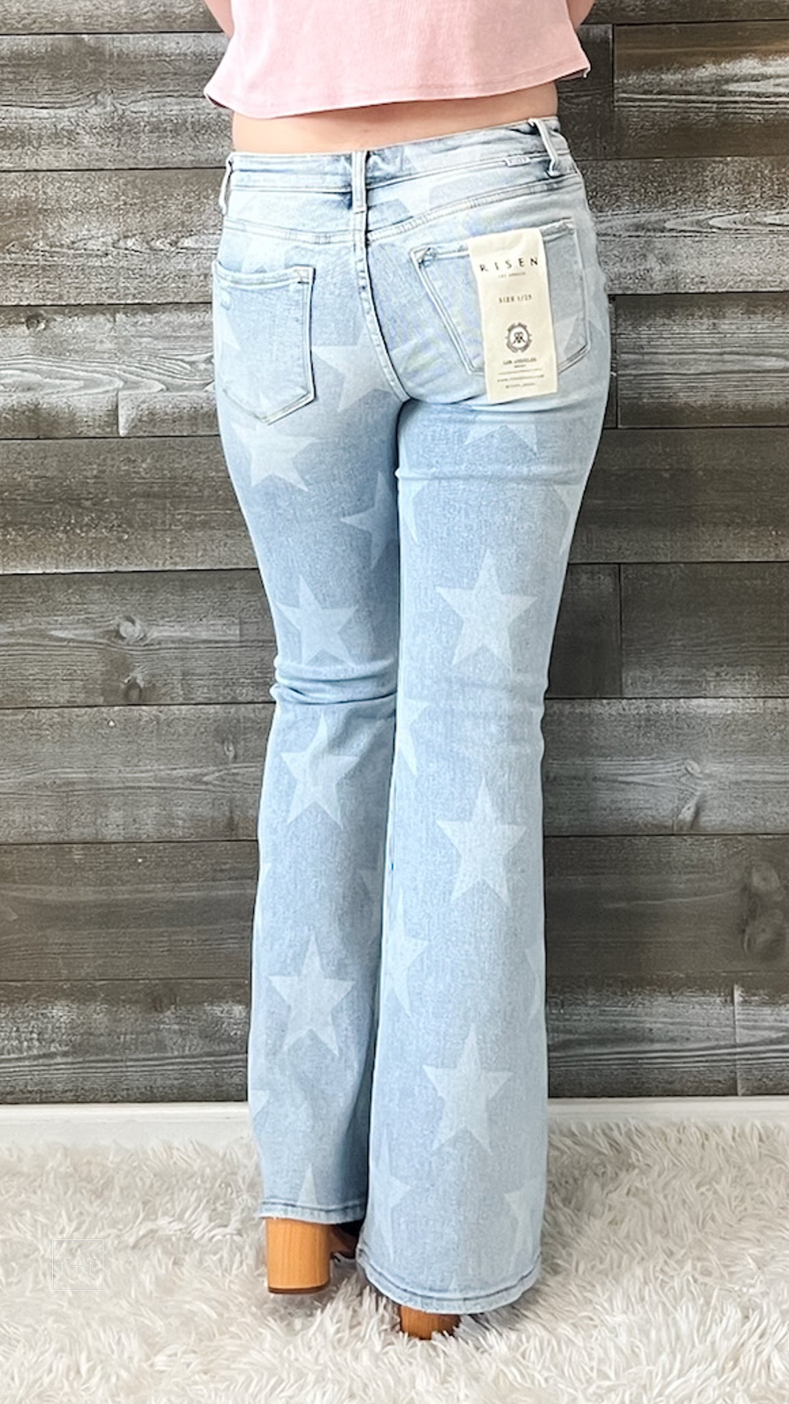 risen mid rise light wash star print flare button down jeans RDP5691