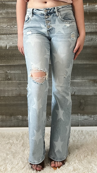 risen mid rise light wash star print flare button down jeans RDP5691