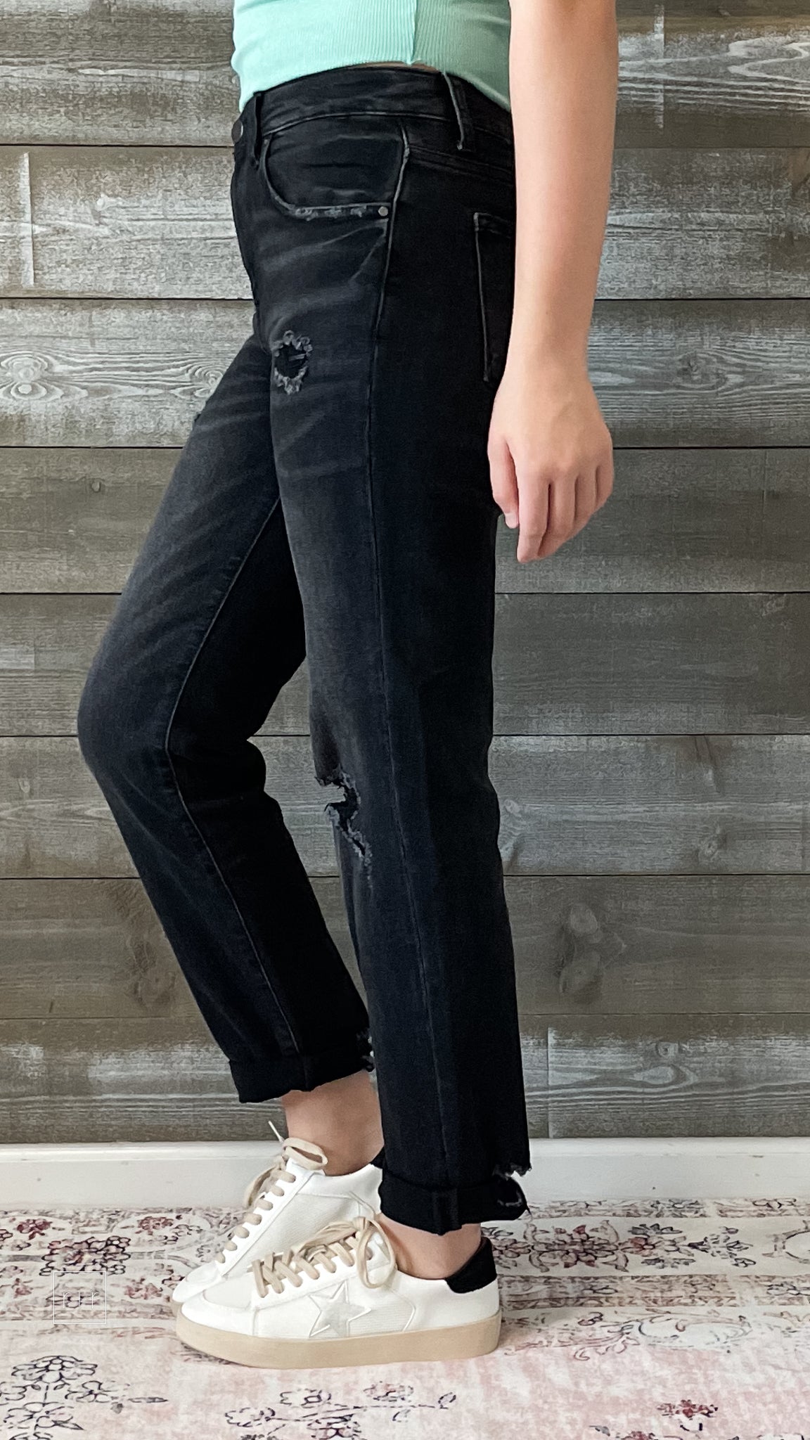 risen jeans distressed boyfriend denim roll up hem black RDP5041