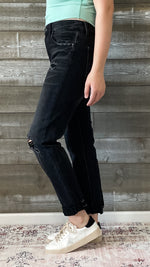 risen jeans distressed boyfriend denim roll up hem black RDP5041