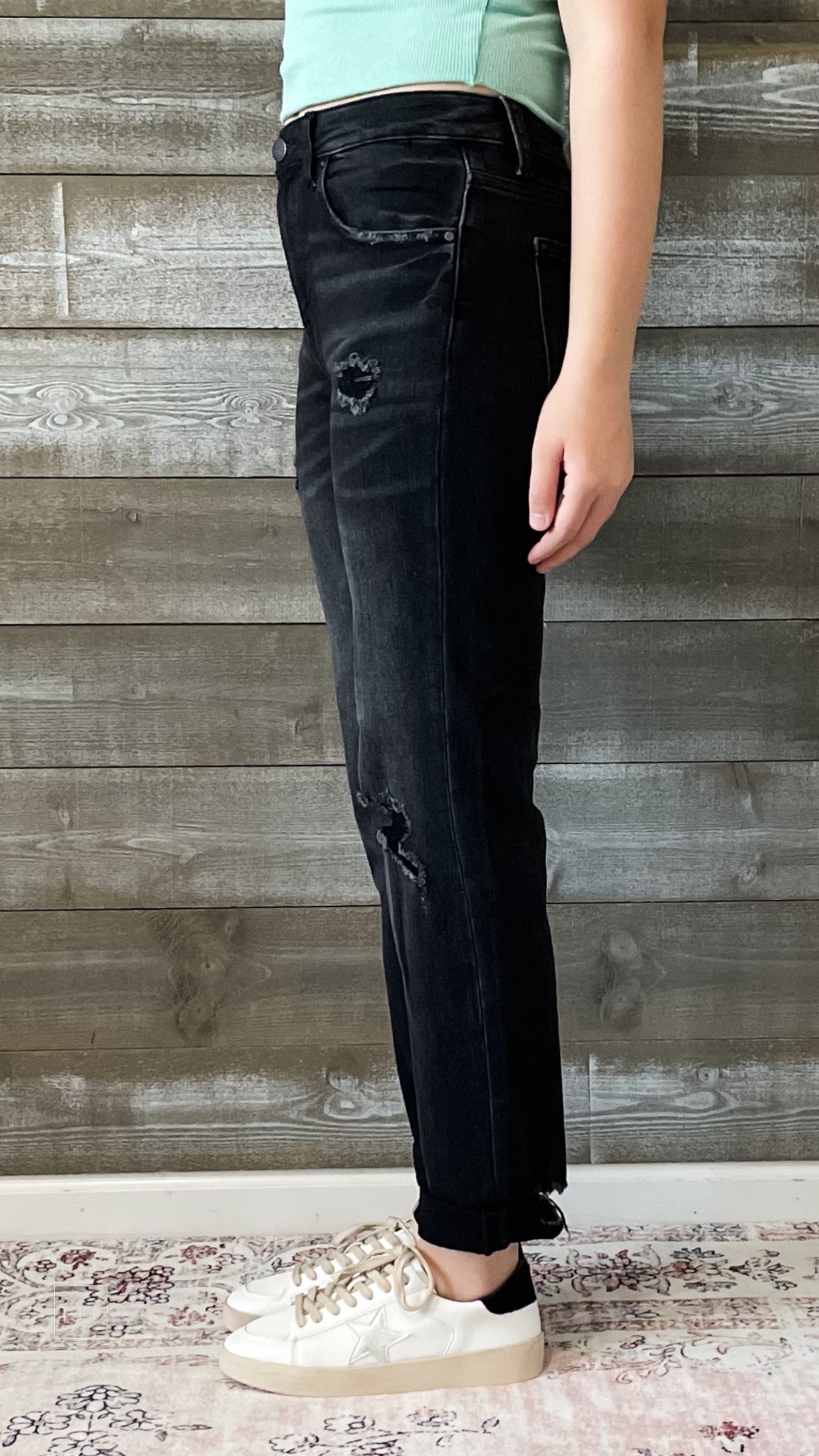 risen jeans distressed boyfriend denim roll up hem black RDP5041