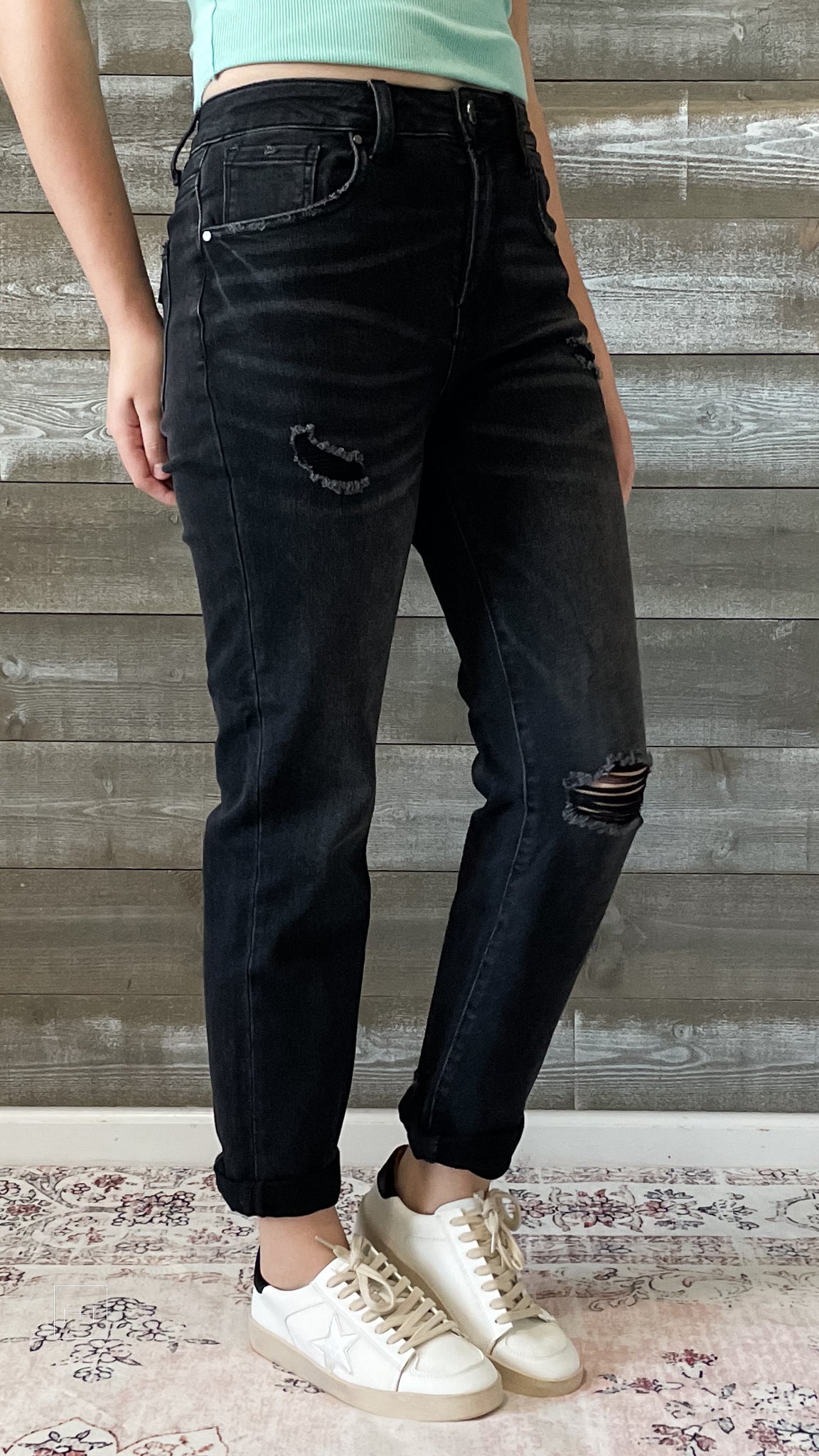 risen jeans distressed boyfriend denim roll up hem black RDP5041