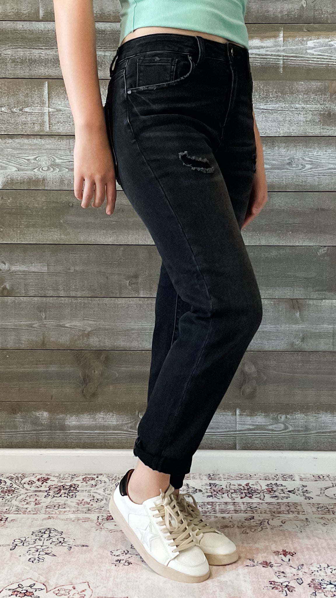 risen jeans distressed boyfriend denim roll up hem black RDP5041