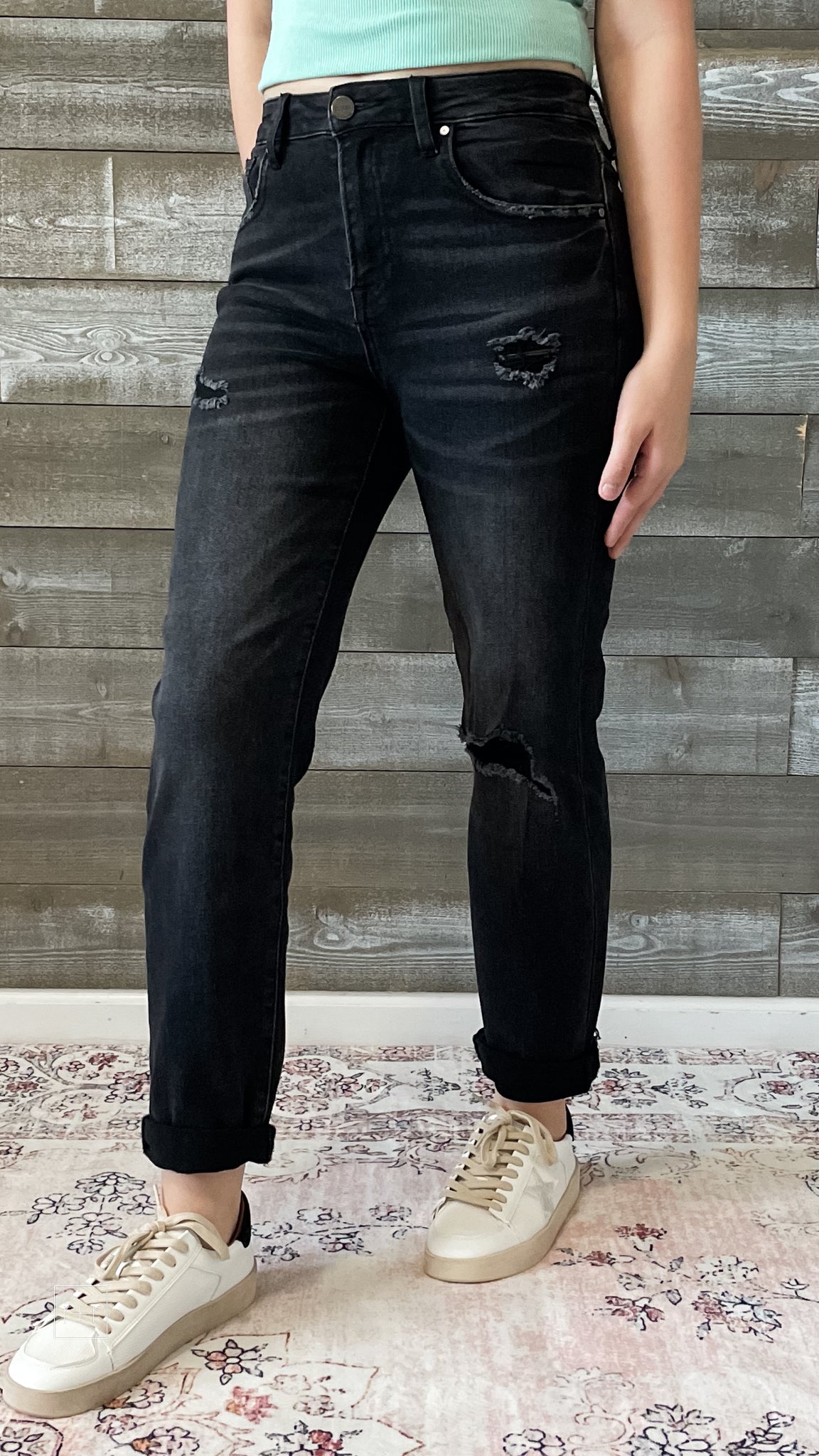 risen jeans distressed boyfriend denim roll up hem black RDP5041