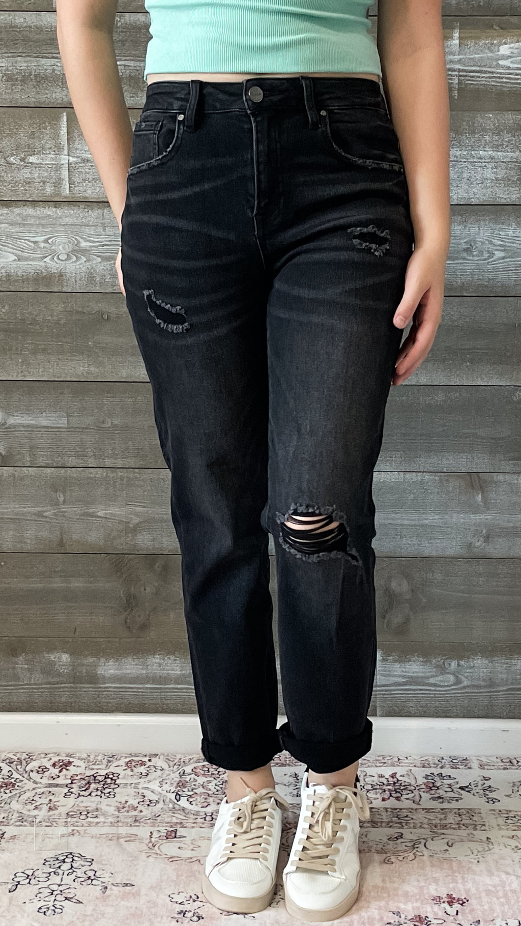 risen jeans distressed boyfriend denim roll up hem black RDP5041