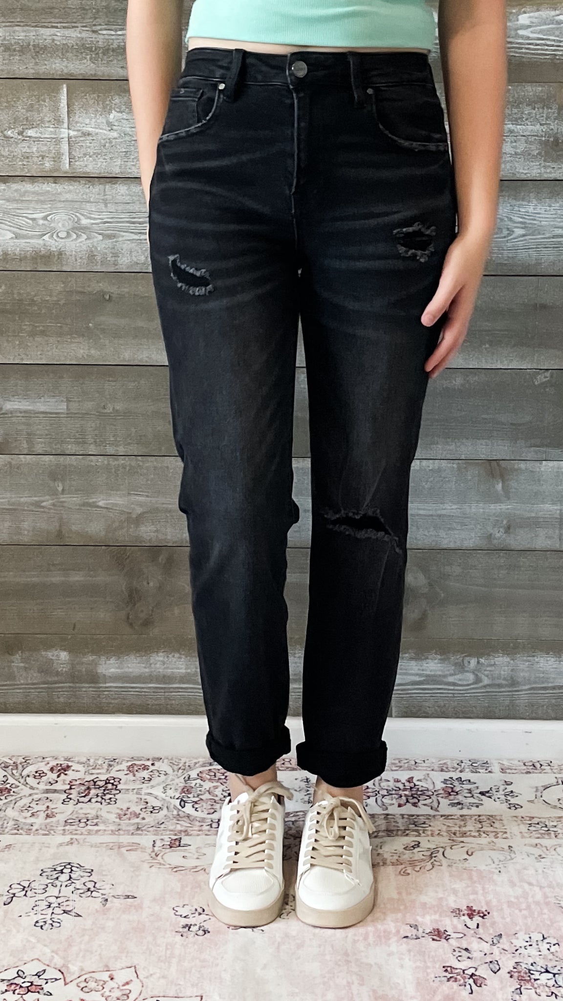 risen jeans distressed boyfriend denim roll up hem black RDP5041